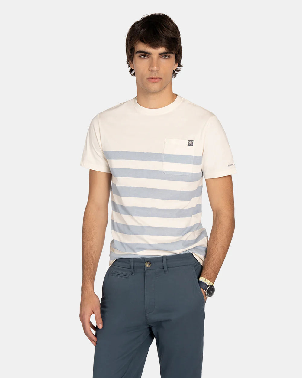 CAMISETA HARPER STRIPE POCKET - CELESTE